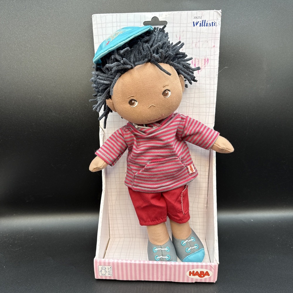 HABA William - 12" Soft Boy Doll with Black Hair, Hat and‎ Hoodie